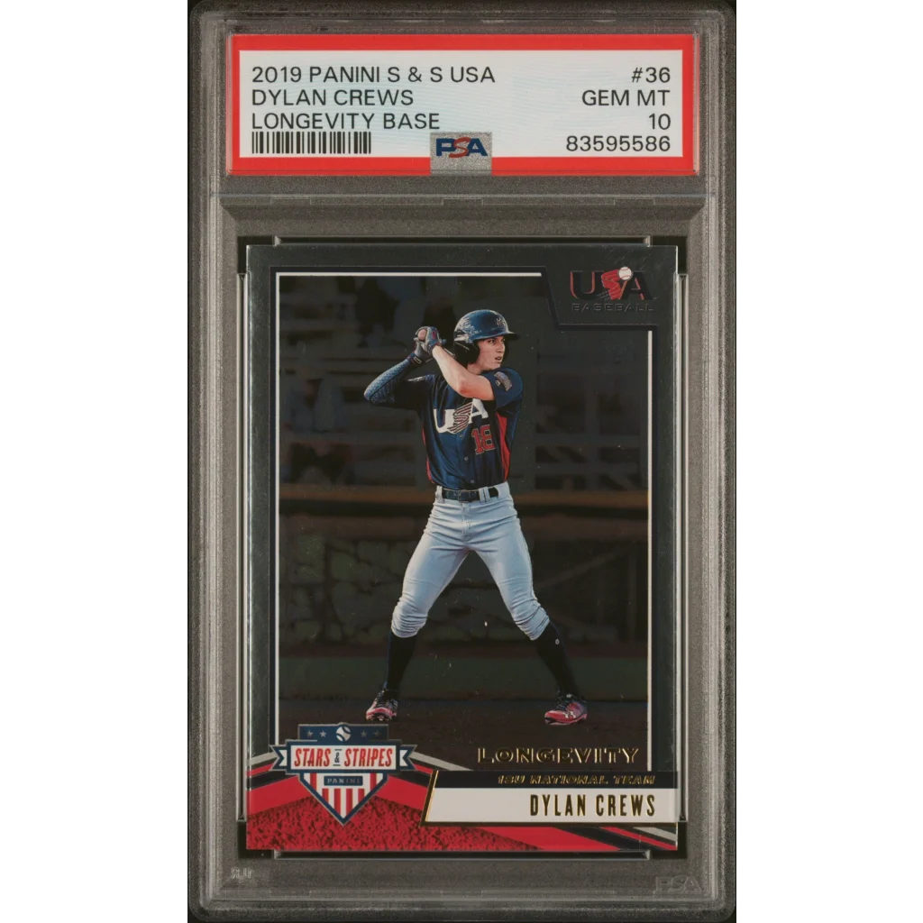 PSA Graded Dylan Crews 2019 Panini Baseball Card featuring Longevity Base design