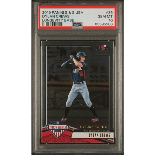PSA Graded Dylan Crews 2019 Panini Baseball Card featuring Longevity Base design