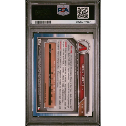 PSA graded 2019 Bowman Draft Corbin Carroll Chrome baseball card on display