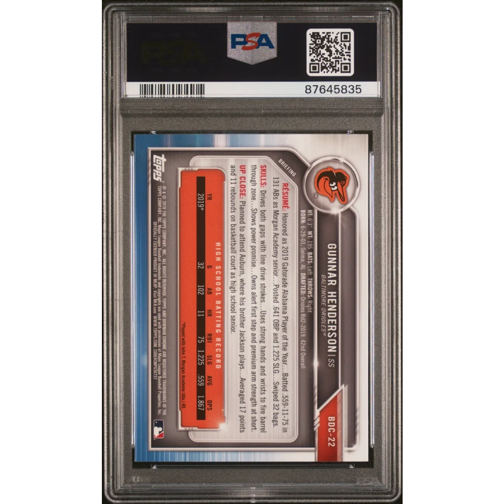 Graded 2019 Bowman Draft Gunnar Henderson Chrome Baseball Card in PSA case