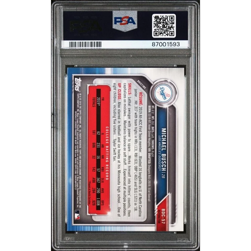 Graded 2019 Topps Bowman Draft Michael Busch #BDC57 Chrome Refractor Rookie RC Baseball Card PSA 10 Gem Mint | PSA 10 Gem Mint Graded Rookie Card | vintageantiquesgifts.com