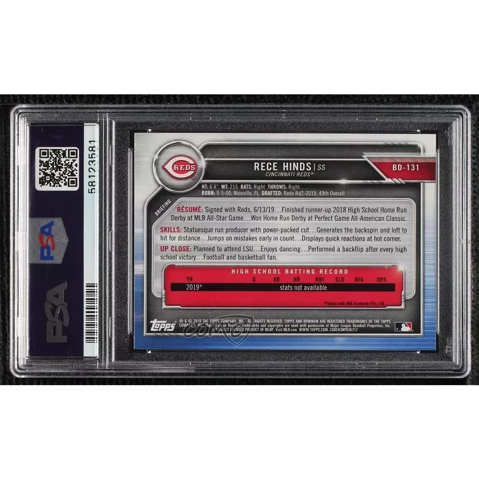 Graded 2019 Topps Bowman Draft Rece Hinds #BD131 Rookie RC Baseball Card PSA 10 Gem Mint | PSA 10 Gem Mint Graded Rookie Card | vintageantiquesgifts.com