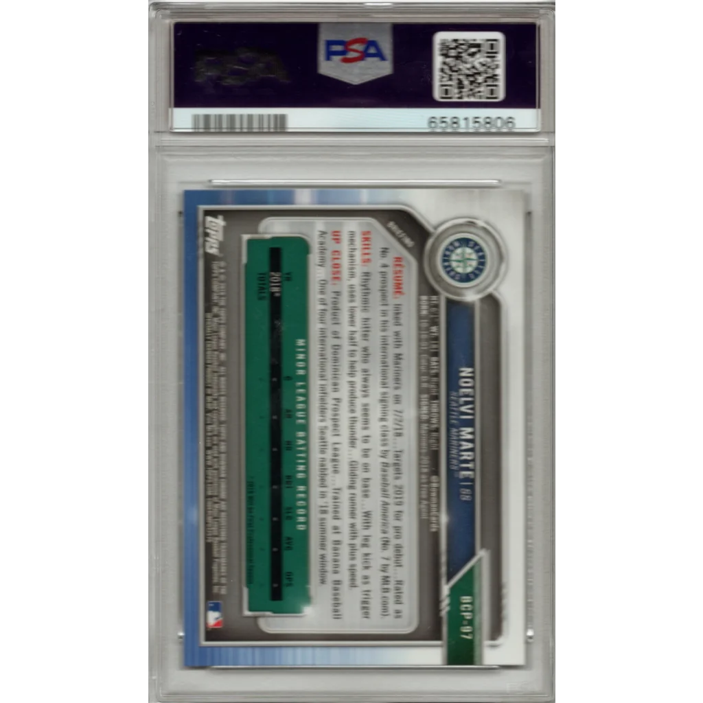 PSA graded 2019 Bowman Chrome Noelvi Marte rookie baseball card on display