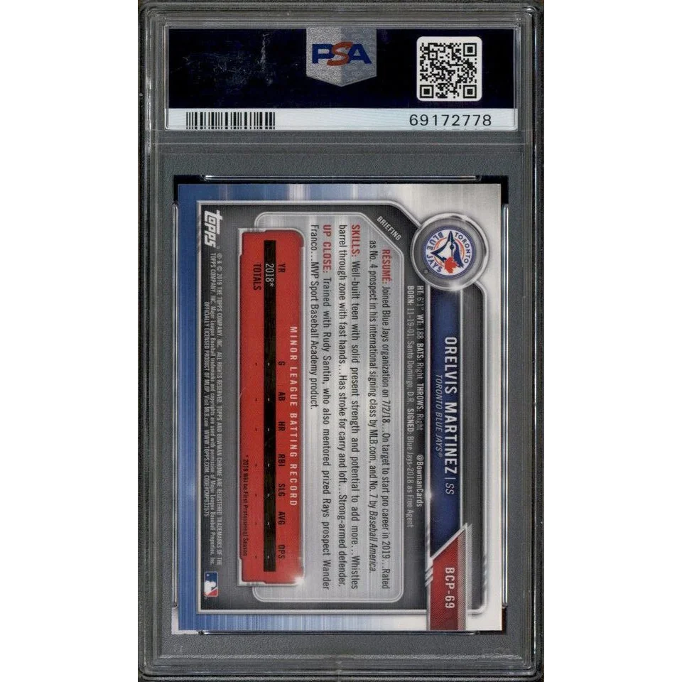 Graded 2019 Bowman Chrome Orelvis Martinez baseball card in PSA holder