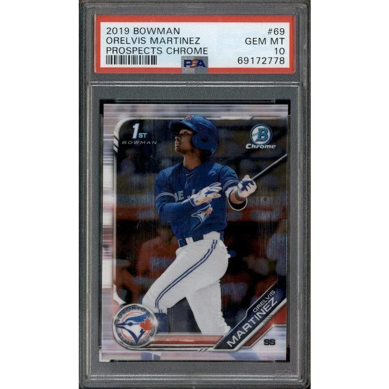 Graded 2019 Bowman Chrome Orelvis Martinez Prospects baseball card in PSA case