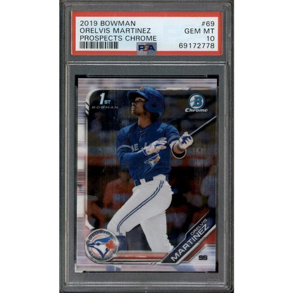 Graded 2019 Bowman Chrome Orelvis Martinez Prospects baseball card in PSA case