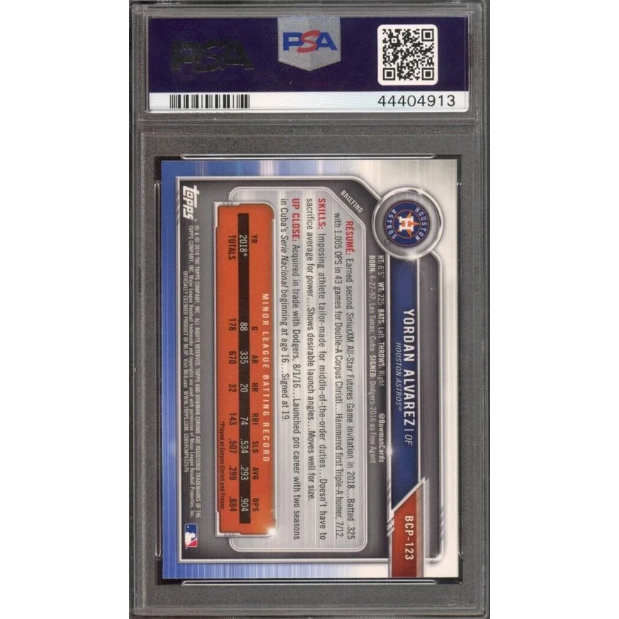 Graded 2019 Topps Bowman Yordan Alvarez #123 Prospects Chrome Rookie RC Baseball Card PSA 10 Gem Mint | PSA 10 Gem Mint Graded Rookie Card | vintageantiquesgifts.com