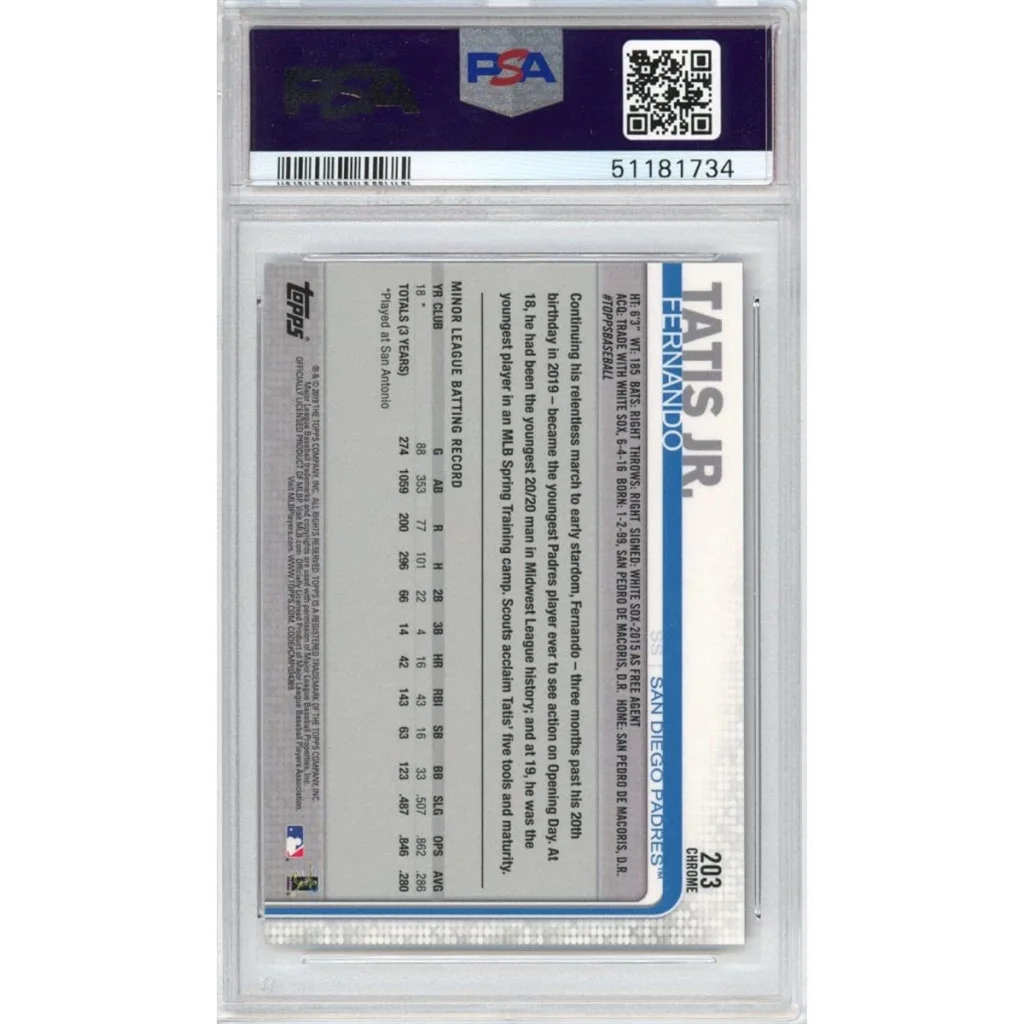 Graded 2019 Topps Chrome Fernando Tatis Jr. #203 Rookie RC Baseball Card PSA 10 Gem Mint | PSA 10 Gem Mint Graded Rookie Card | vintageantiquesgifts.com