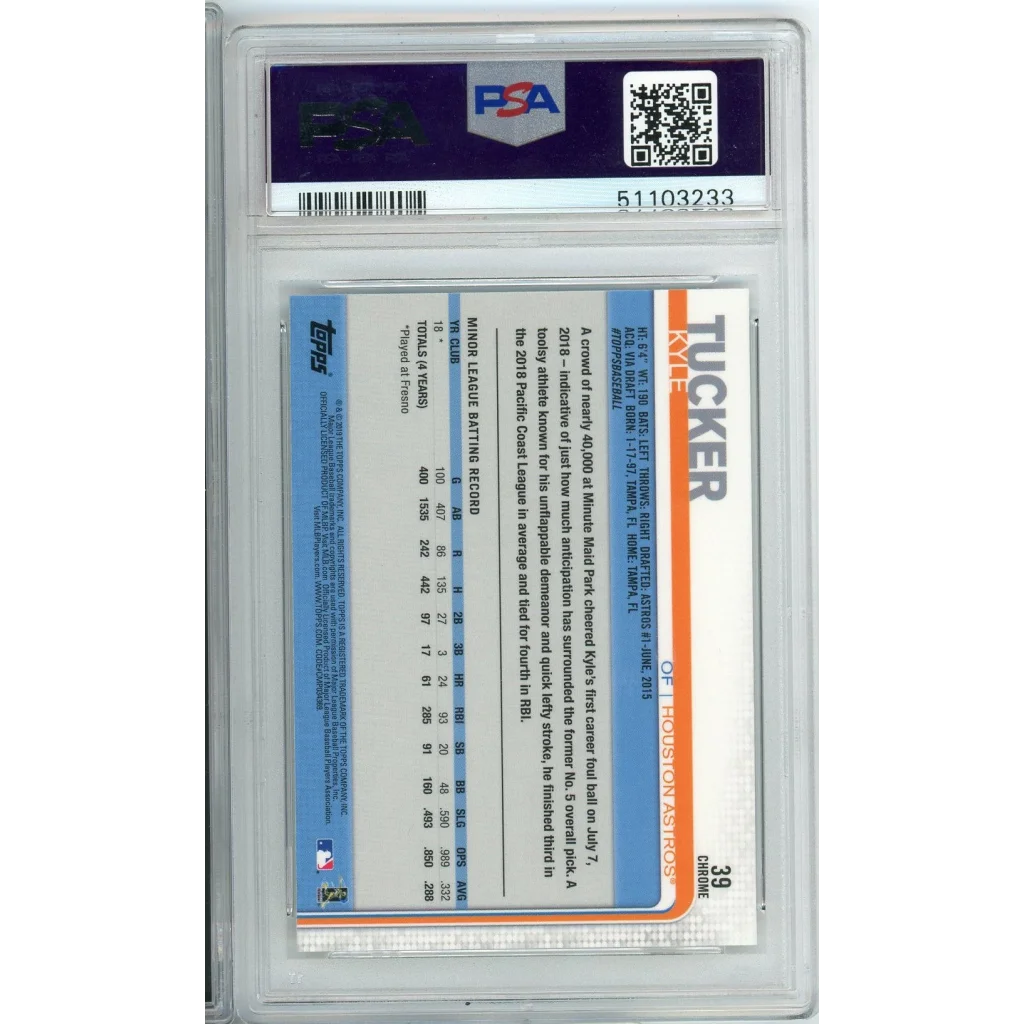 Encapsulated Kyle Tucker 2019 Topps Chrome Prism Refractor baseball card in PSA holder