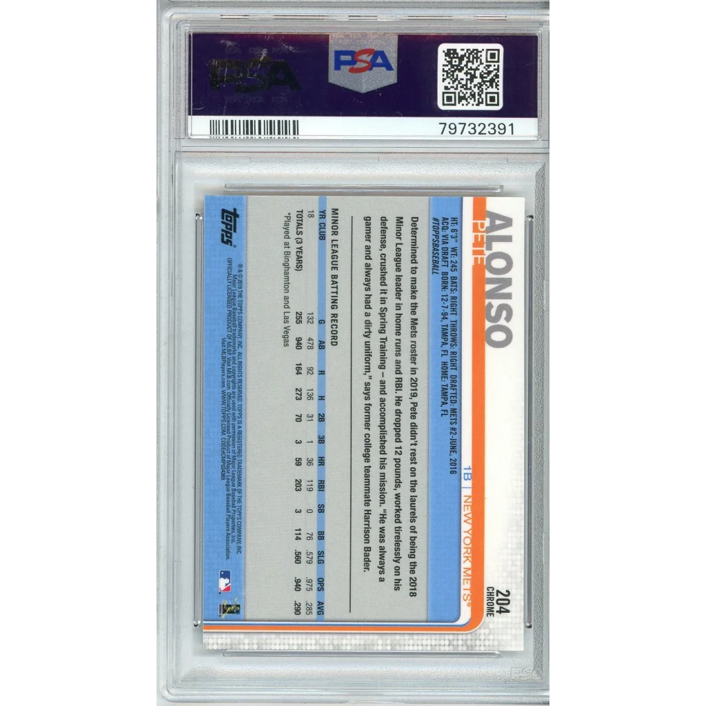 Graded 2019 Topps Chrome Pete Alonso rookie baseball card featuring blue and orange 2014 Topps design with white text