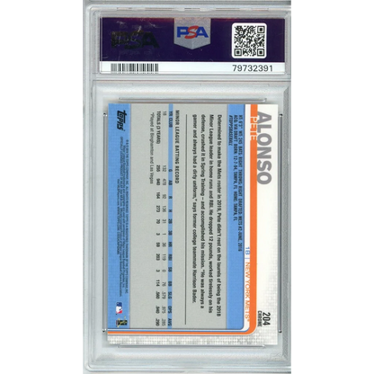 Graded 2019 Topps Chrome Pete Alonso rookie baseball card featuring blue and orange 2014 Topps design with white text