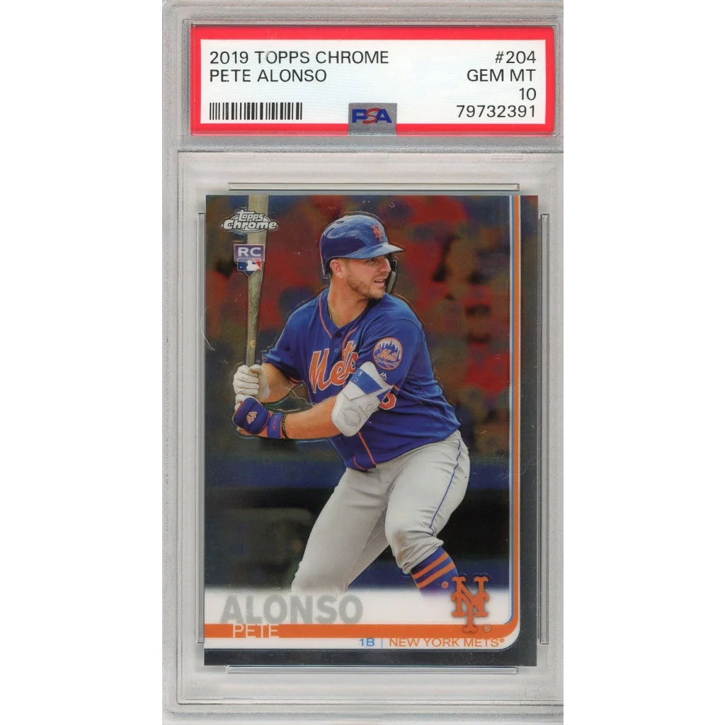 Graded 2019 topps chrome pete alonso rookie baseball card in blue new york mets uniform encased in psa 10 gem mint holder