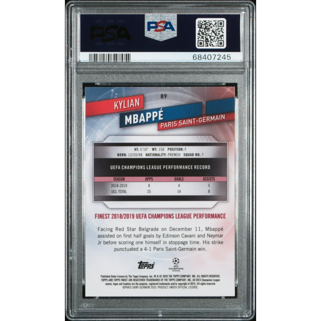 PSA-graded Kylian Mbappé 2019 Finest UCL Gem Mint soccer card on display
