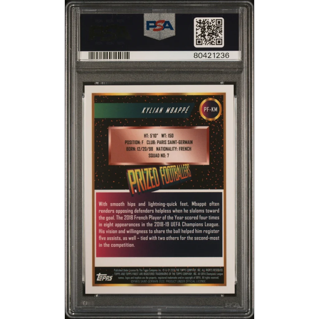 A graded Kylian Mbappe soccer trading card in a PSA case for collectors