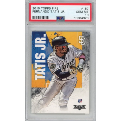 PSA graded Fernando Tatis Jr 2019 Topps Fire baseball card on display