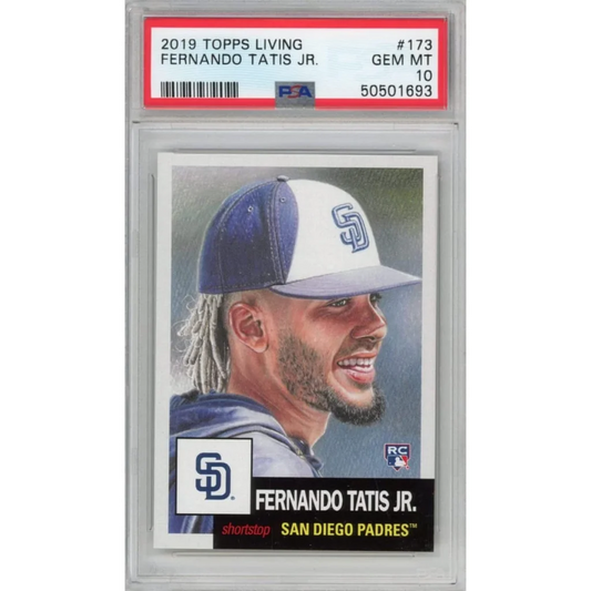 PSA graded 2019 Topps Living Fernando Tatis Jr baseball card on display