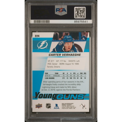 A graded Carter Verhaeghe 2019 Upper Deck hockey trading card in perfect condition