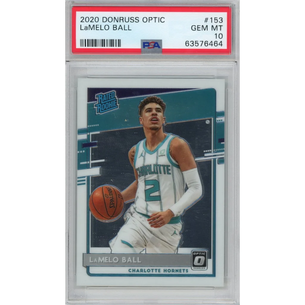 Graded 2020 Donruss Optic LaMelo Ball rookie basketball card in PSA case