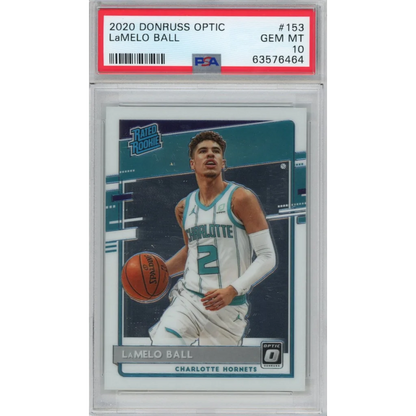 Graded 2020 Donruss Optic LaMelo Ball rookie basketball card in PSA case