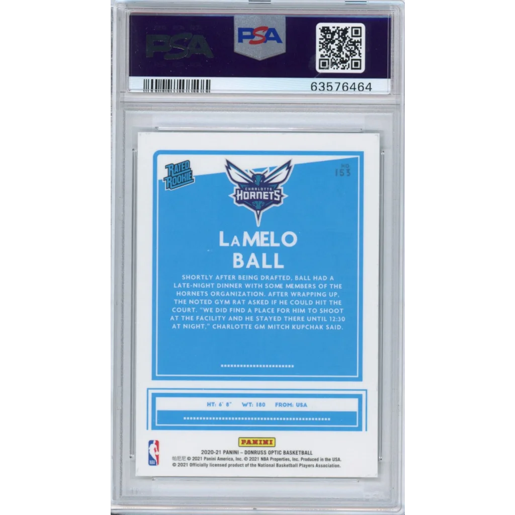 Back of a LaMelo Ball 2020 Donruss Optic Rookie Card in PSA slab