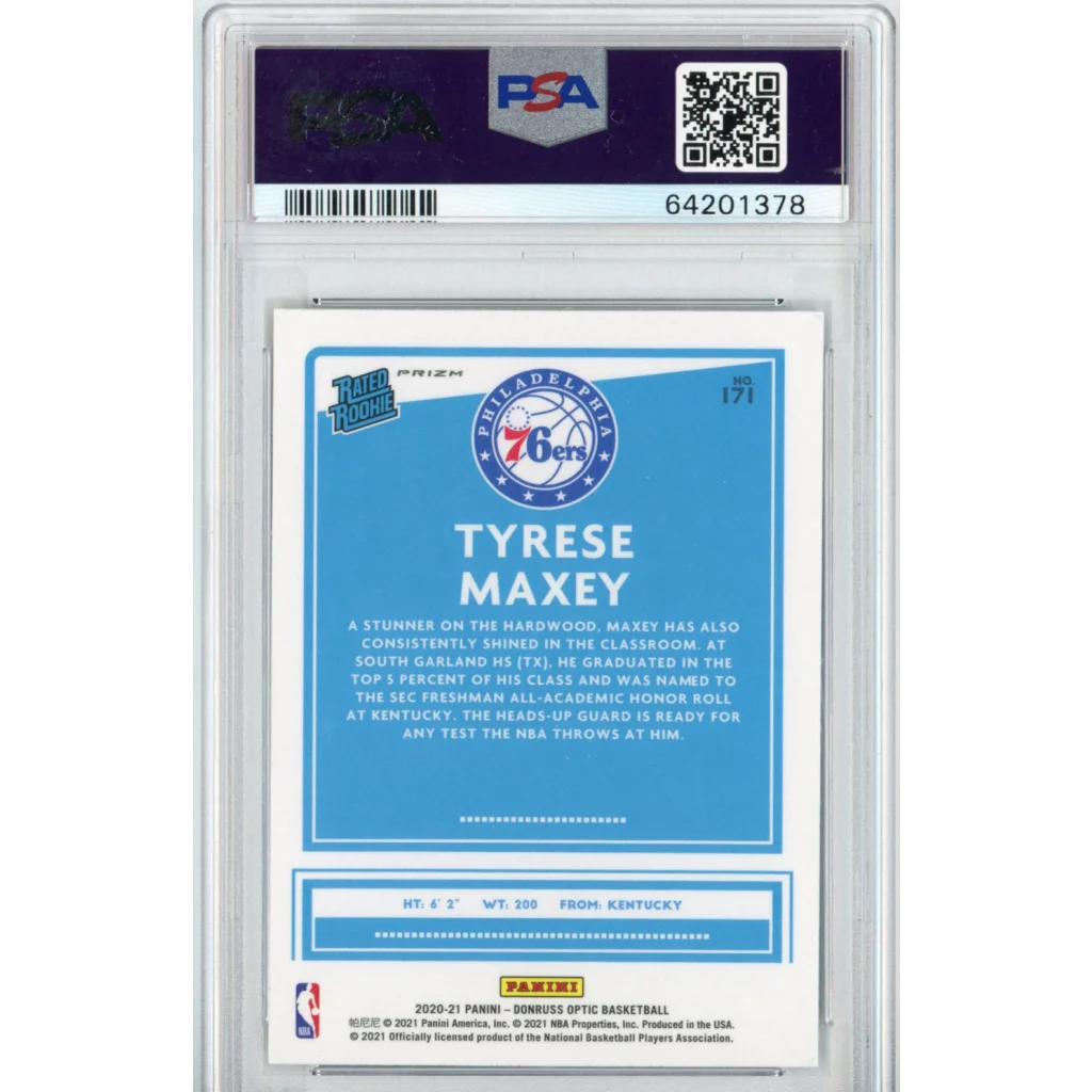 Tyrese Maxey graded PSA 10 GEM MT 2020 Donruss Optic Rookie Card basketball card