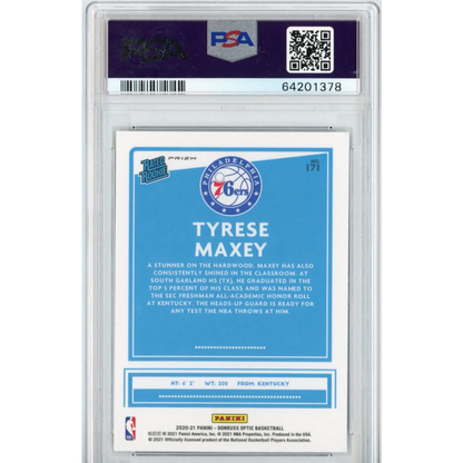 Tyrese Maxey graded PSA 10 GEM MT 2020 Donruss Optic Rookie Card basketball card