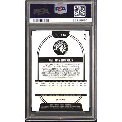 Graded Anthony Edwards 2020 Panini Hoops Blue Rookie Card in PSA case