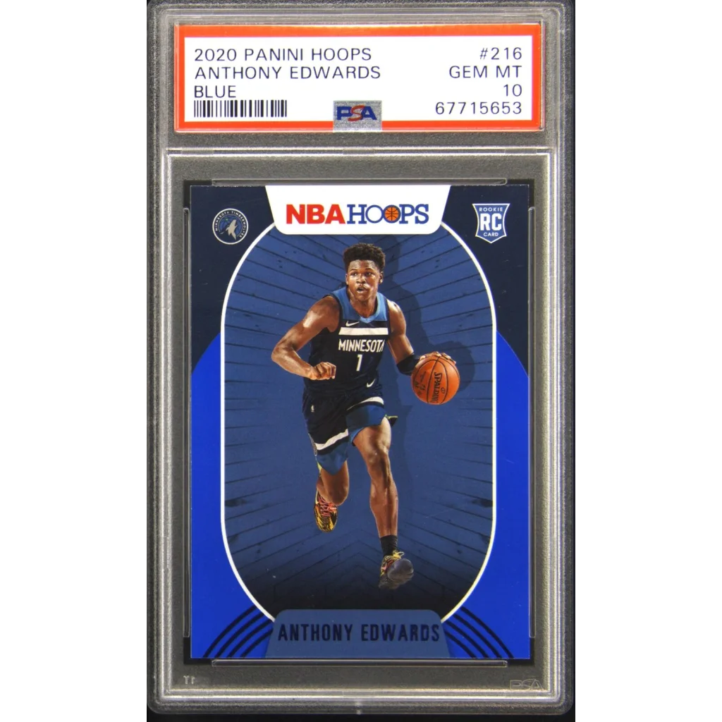 Graded 2020 Panini Hoops Blue Anthony Edwards rookie basketball card in PSA case