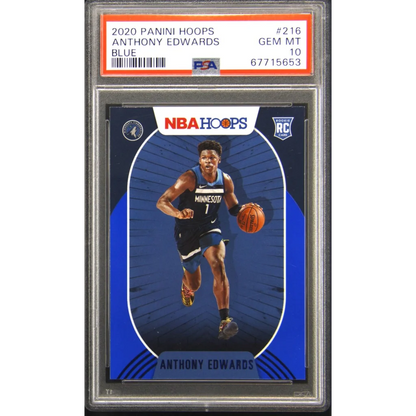 Graded 2020 Panini Hoops Blue Anthony Edwards rookie basketball card in PSA case