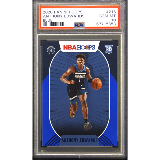 Graded 2020 Panini Hoops Blue Anthony Edwards rookie basketball card in PSA case