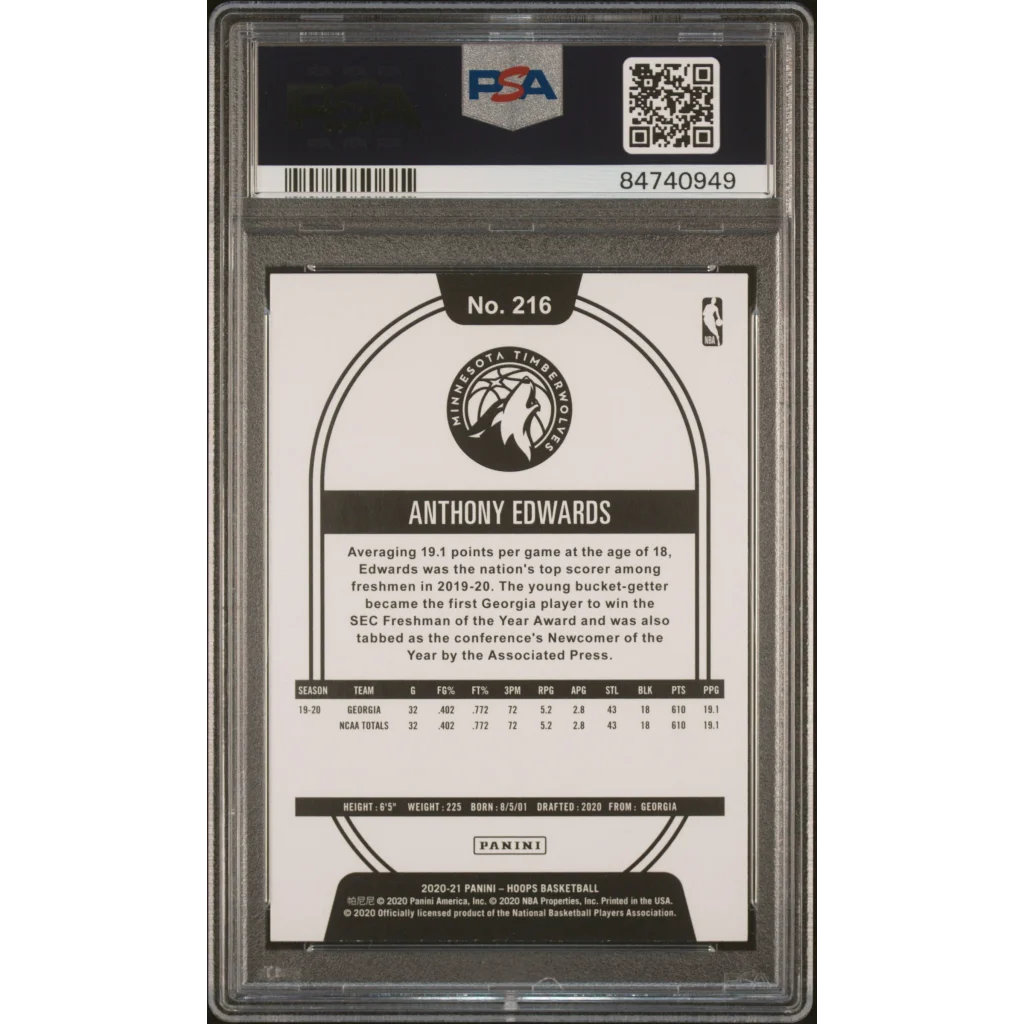 Graded 2020-21 Panini Hoops Anthony Edwards #216 Purple Explosion Rookie RC Basketball Card PSA 10 Gem Mint | PSA 10 Gem Mint Graded Rookie Card | vintageantiquesgifts.com