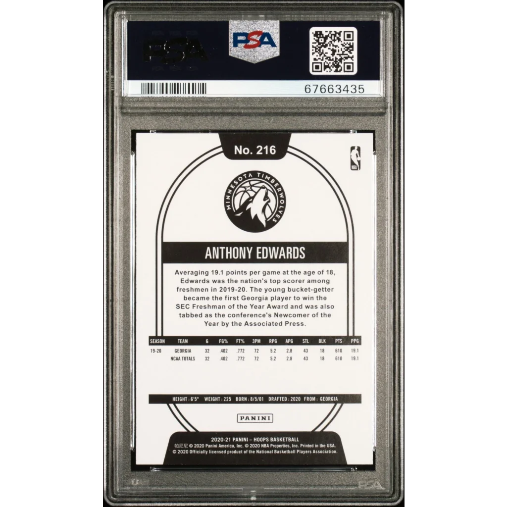 Graded 2020-21 Panini Hoops Anthony Edwards #216 Purple Rookie RC Basketball Card PSA 10 Gem Mint | PSA 10 Gem Mint Graded Rookie Card | vintageantiquesgifts.com