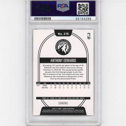 PSA Graded Anthony Edwards Rookie Card Treasure showing 2020-21 Panini Hoops rookie card