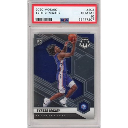 A graded 2020 Mosaic Tyrese Maxey rookie card by PSA, a pro sports authenticator item