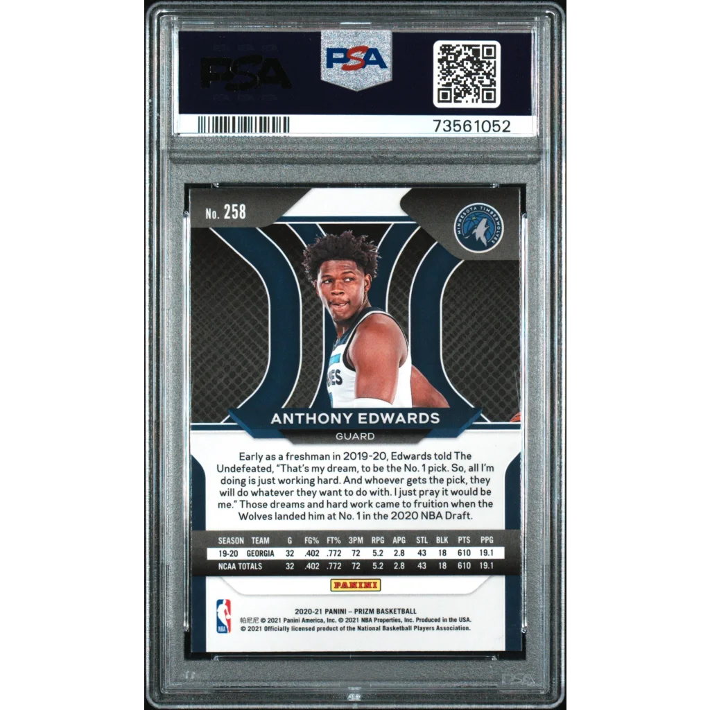Graded 2020-21 Panini Prizm Anthony Edwards #258 Rookie RC Basketball Card PSA 9 Mint | PSA 9 Mint Graded Rookie Card | vintageantiquesgifts.com