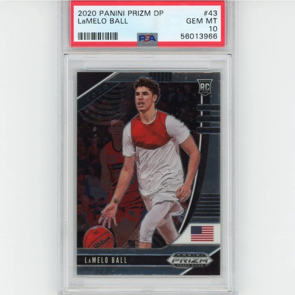 A graded 2020 Panini Prizm LaMelo Ball rookie basketball card in PSA case