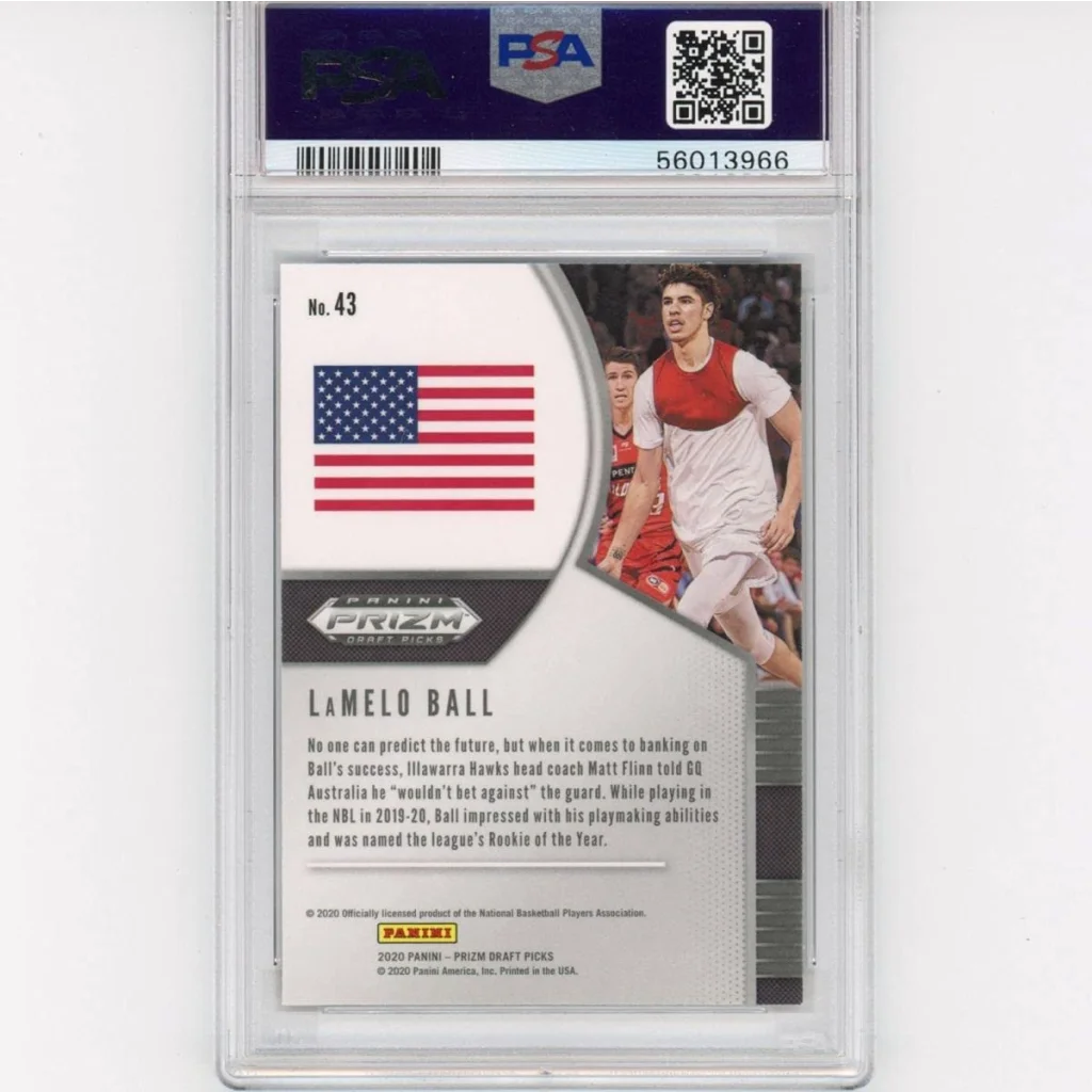 PSA graded LaMelo Ball 2020 Panini Prizm rookie basketball card on display