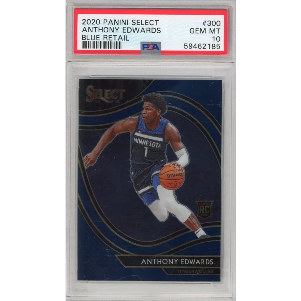 A graded PSA GEM MT 10 Anthony Edwards 2020 Panini Select Blue Retail Rookie Card
