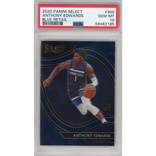 A graded PSA GEM MT 10 Anthony Edwards 2020 Panini Select Blue Retail Rookie Card