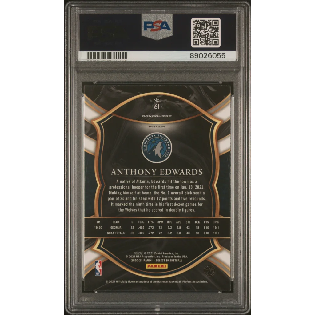 Graded PSA 10 Anthony Edwards 2020-21 Panini Select Blue Prizm Rookie Card in Black Gold Slab