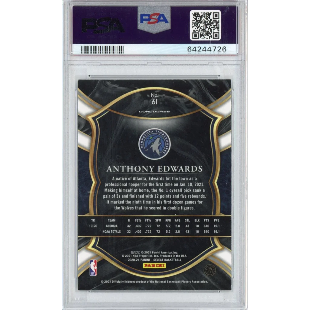 Black and gold graded 2020-21 panini select anthony edwards rookie basketball card in psa 10 slab