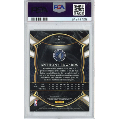 Black and gold graded 2020-21 panini select anthony edwards rookie basketball card in psa 10 slab