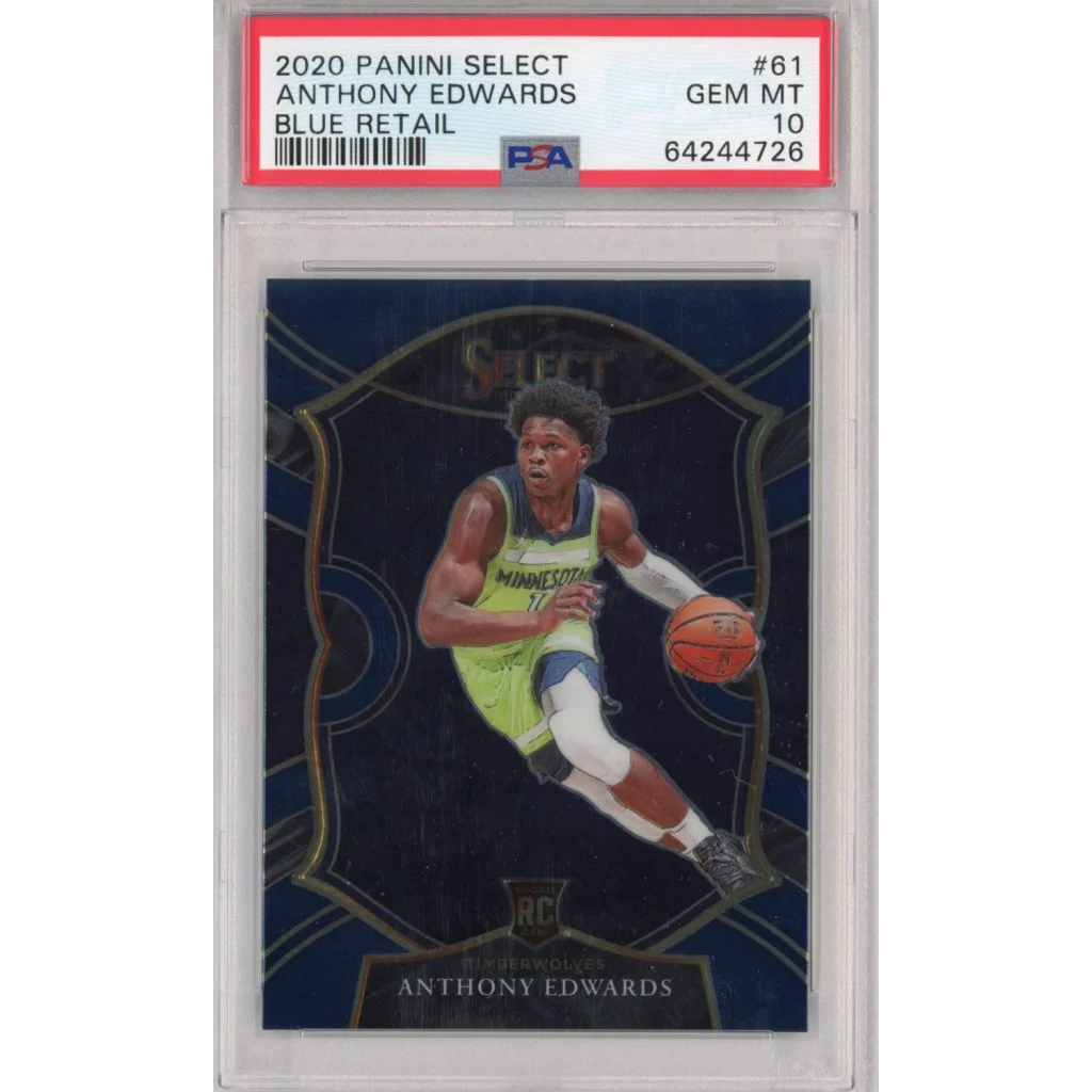 Graded 2020-21 panini select anthony edwards blue retail concourse rookie basketball card psa 10 gem mint featuring timberwolves lime green and navy jersey