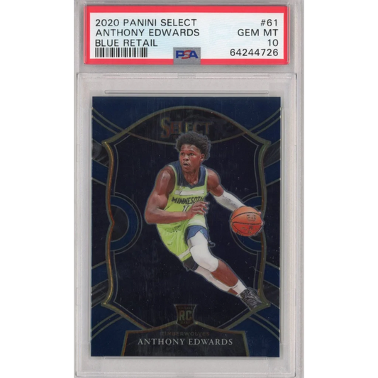 Graded 2020-21 panini select anthony edwards blue retail concourse rookie basketball card psa 10 gem mint featuring timberwolves lime green and navy jersey