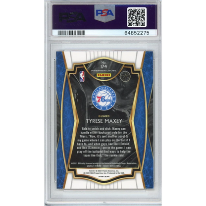 Graded PSA 10 2020-21 Panini Select Tyrese Maxey #174 rookie card in blue gold frame