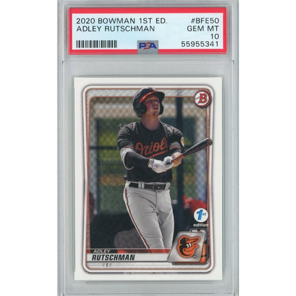 PSA 10 Adley Rutschman 2020 Bowman 1st Edition baseball card showing gem mint grade