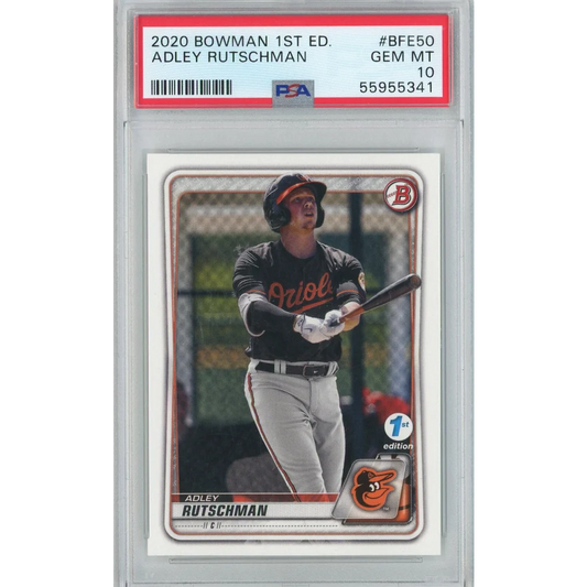 PSA 10 Adley Rutschman 2020 Bowman 1st Edition baseball card showing gem mint grade