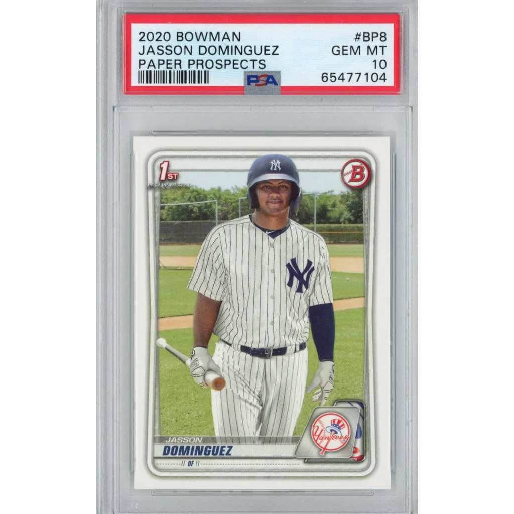 A graded 2020 Bowman Jasson Dominguez rookie baseball card in PSA Gem condition