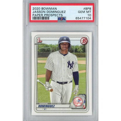 A graded 2020 Bowman Jasson Dominguez rookie baseball card in PSA Gem condition