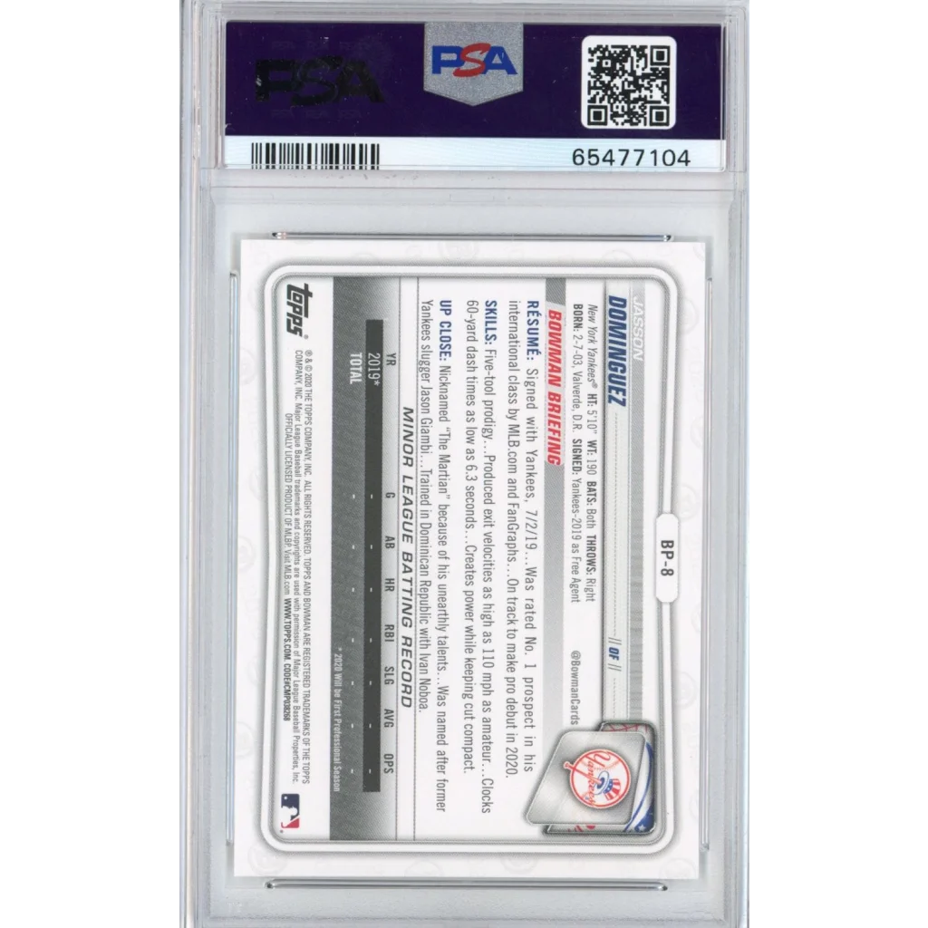 PSA Graded 2020 Bowman Jasson Dominguez Rookie Card in clear protective slab